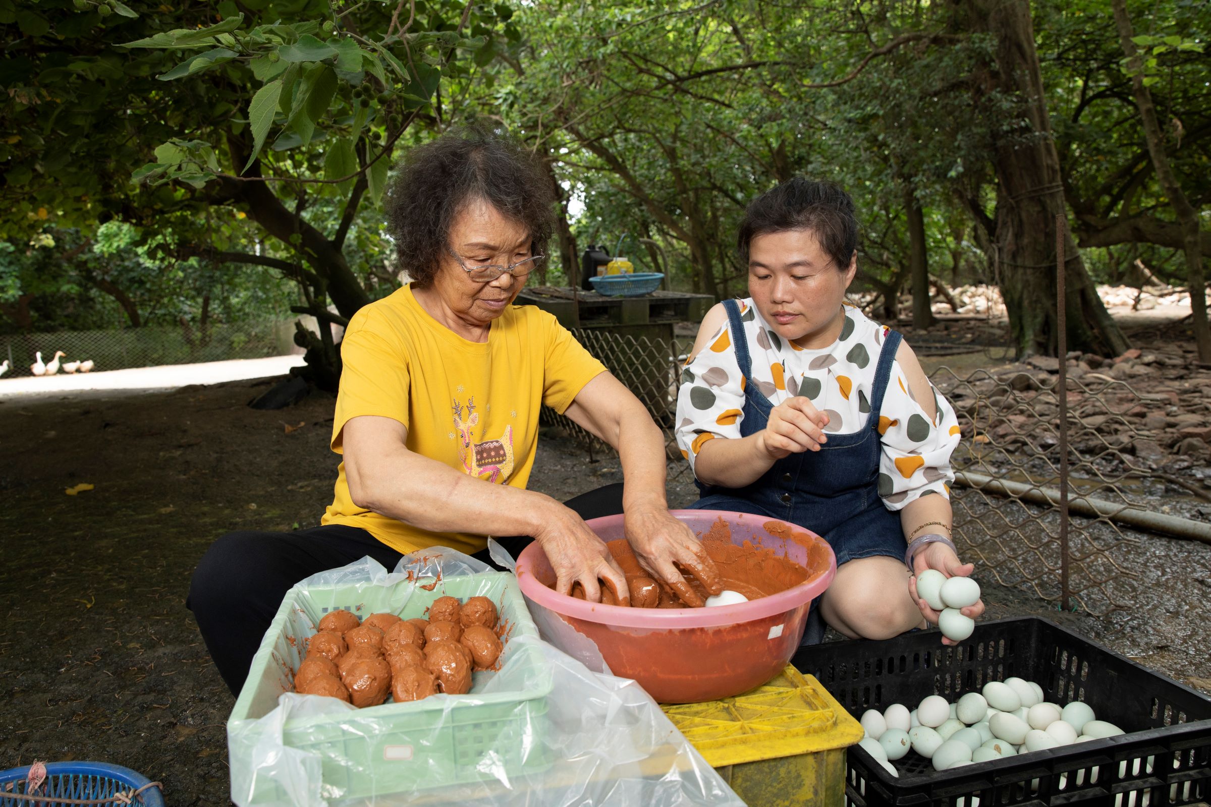 傳承超過150年的「老姜的店」，第四代許緞（左）說現在鴨蛋，除了紅土鹹鴨蛋受到歡迎，客人還會指定要蛋黃色澤較紅的紅仁鴨蛋。