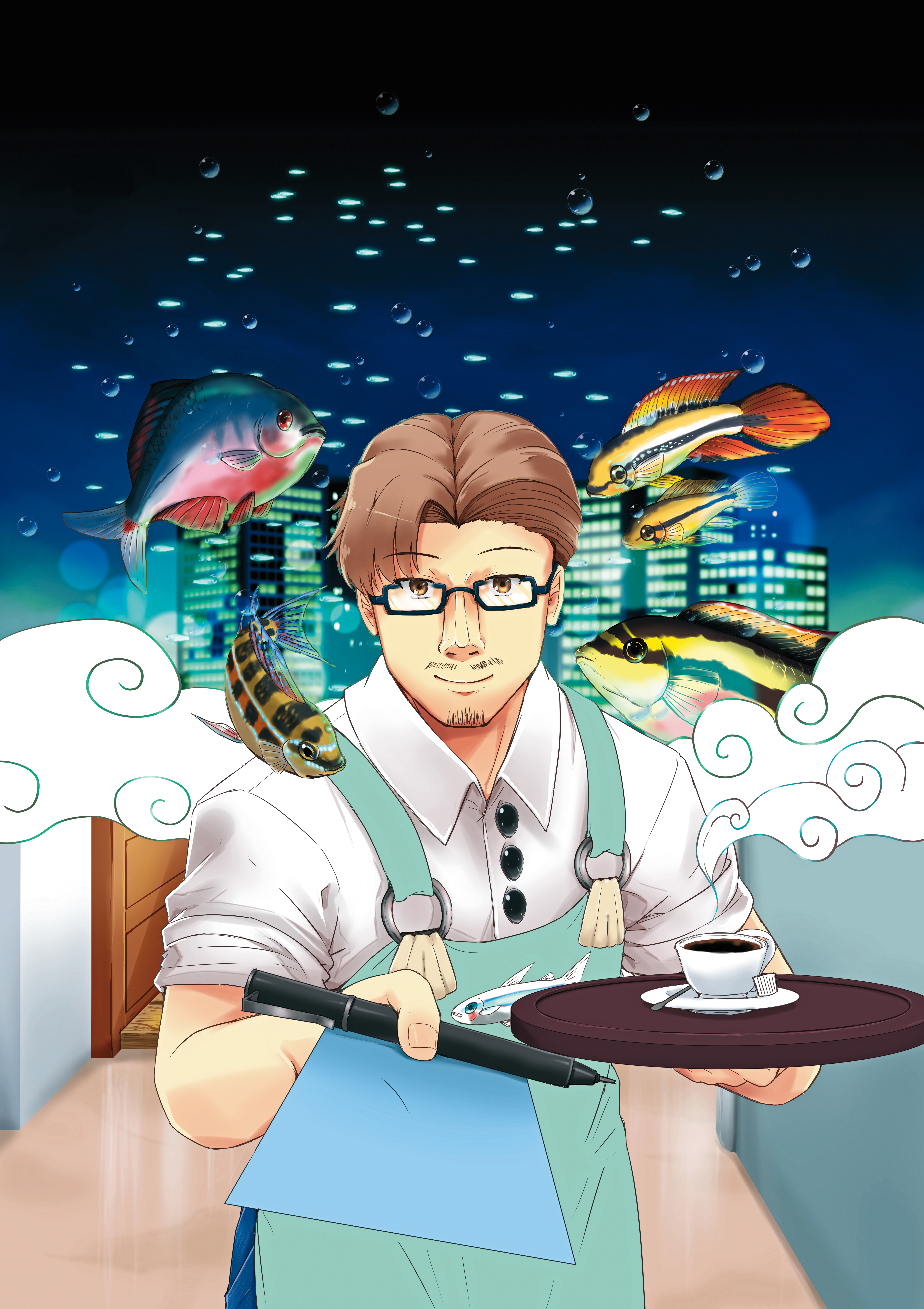 《水都物語》中的夜光咖啡館僅在深夜營運，客人可把煩惱、疑惑寫在紙條，店長會介紹合適的觀賞魚，療癒客人心靈。（海穹文化提供）