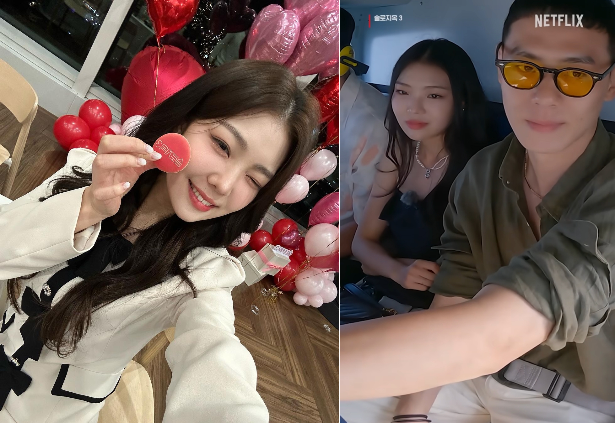 《單身即地獄》第3季女嘉賓曹旻志在直昇機上向未配對成功的李官熙偷傳情遭拒，引網友不滿。（左翻攝曹旻志INS、右截圖自Netflix Shorts）