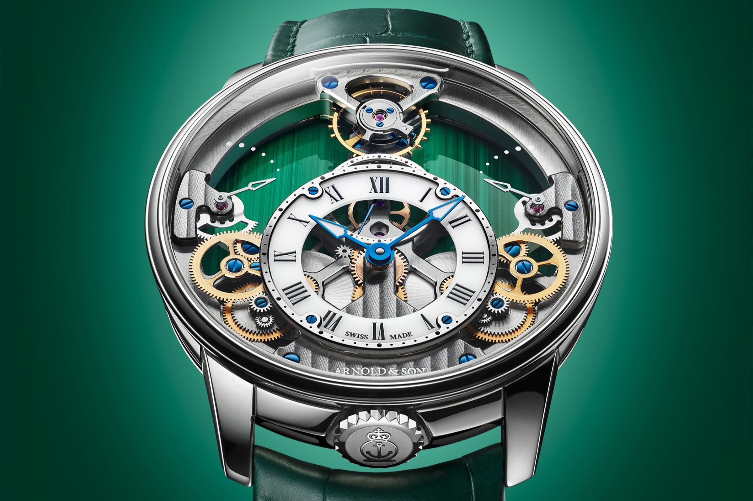 Arnold & Son新作Time Pyramid 42.5 Malachite，標誌性的金字塔式機芯彷彿懸浮於錶殼之內。