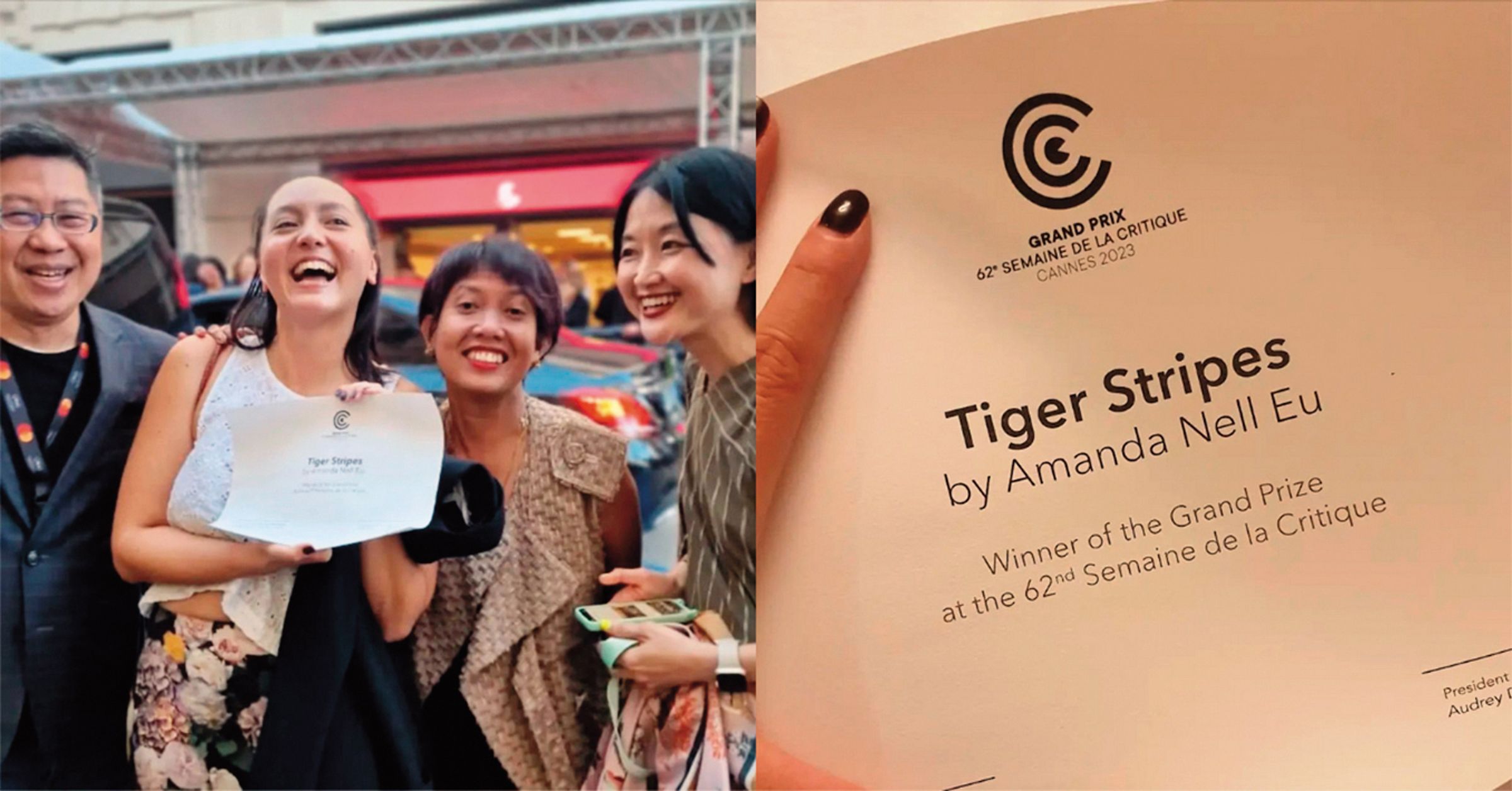 余修善(左二)在坎城獲獎,與製片傅慧齡(右起)、印尼製片Yulia Evina Bhara及監製黃茂昌(左一)合影。(翻攝自余修善IG)