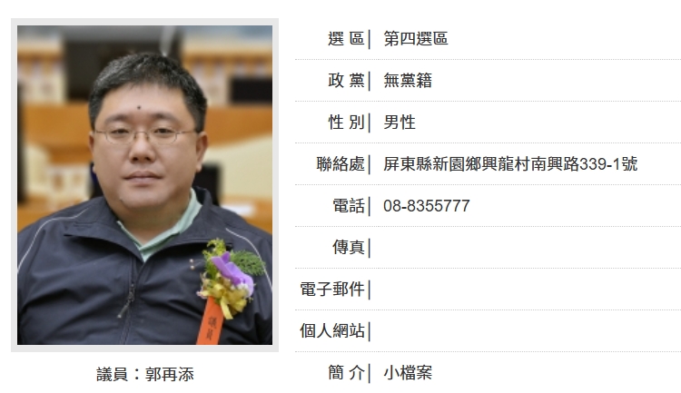 無黨籍屏東縣議員郭再添非法從事兩岸地下匯兌，判刑定讞卻神隱遭通緝。（翻攝自屏東縣議會網站）