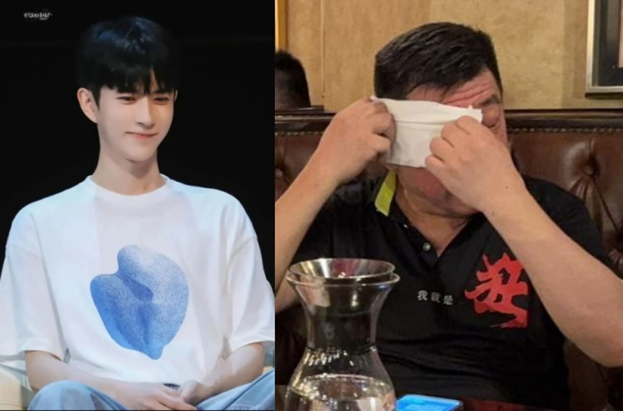 孫德榮（右）心疼地訴說，這張照片（左圖）是他剛認識于朦朧的樣子，「如此靦腆可愛清純善良，他實在不應該身在現在爾虞我詐的世界裡，應該活在穿越時空的古代逍遙書生最適合他。」（翻攝自臉書／孫腫來了）