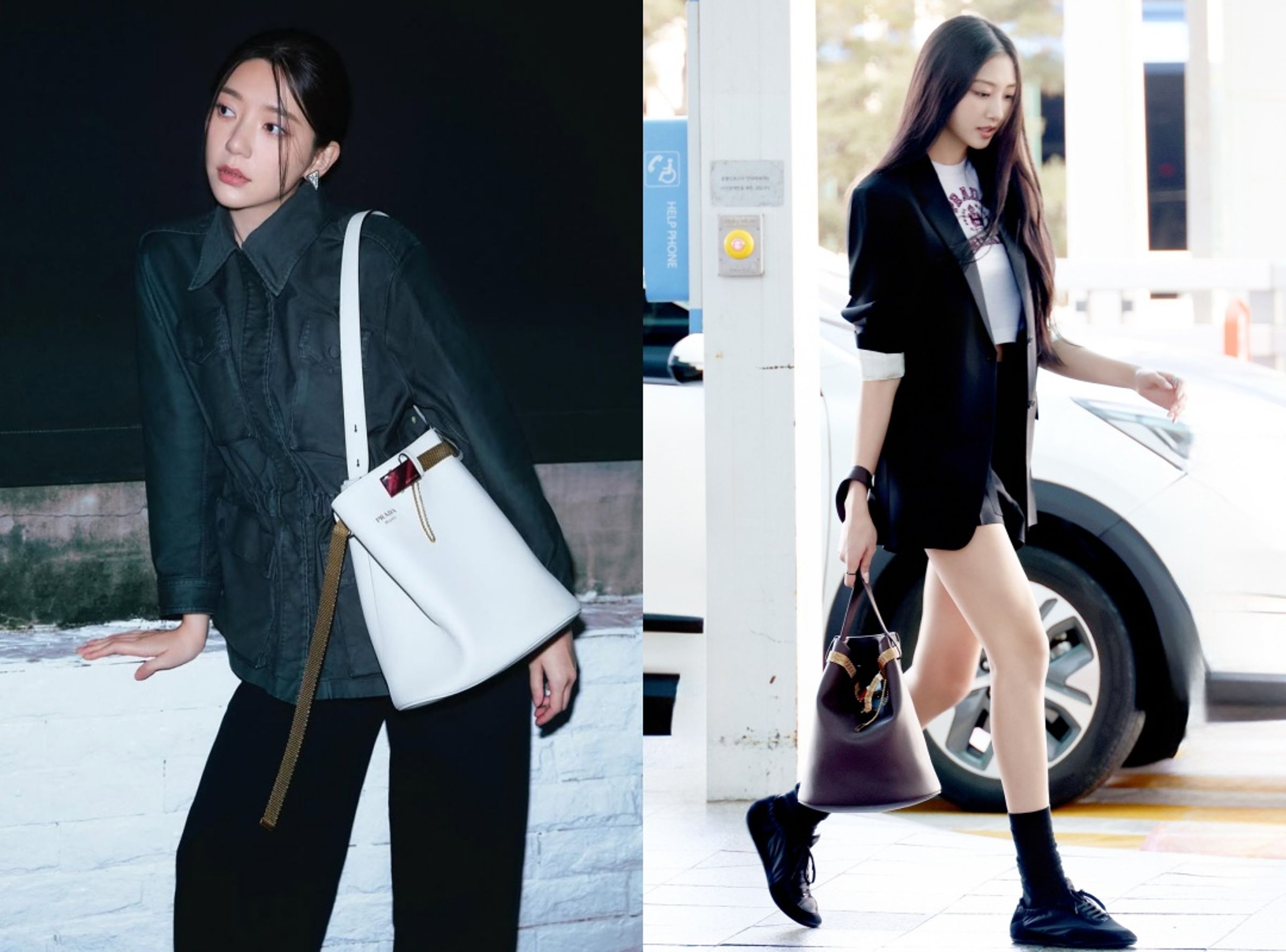 (左起)郭雪芙與韓國新女團MEOVV成員Gawon以不同氣質的PRADA Buckle水桶包演繹本季時尚。(PRADA提供)