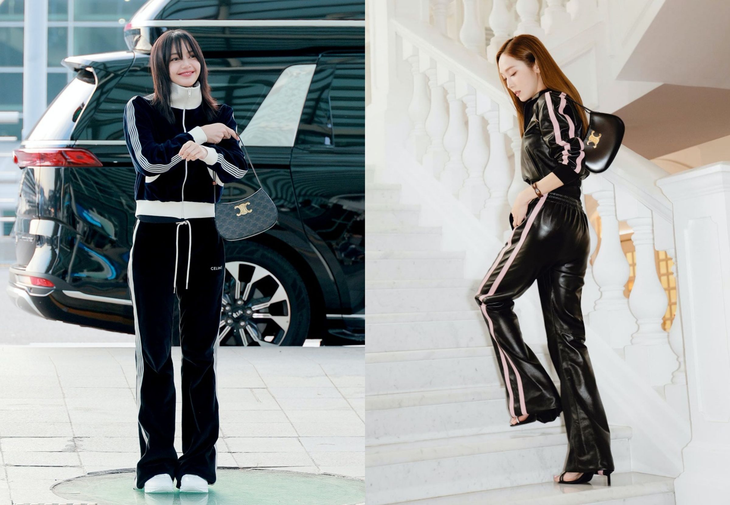 （左起）LISA與Jessica皆以運動套裝搭配全新TILLY，演繹俐落隨性。（CELINE BY HEDI SLIMANE提供）