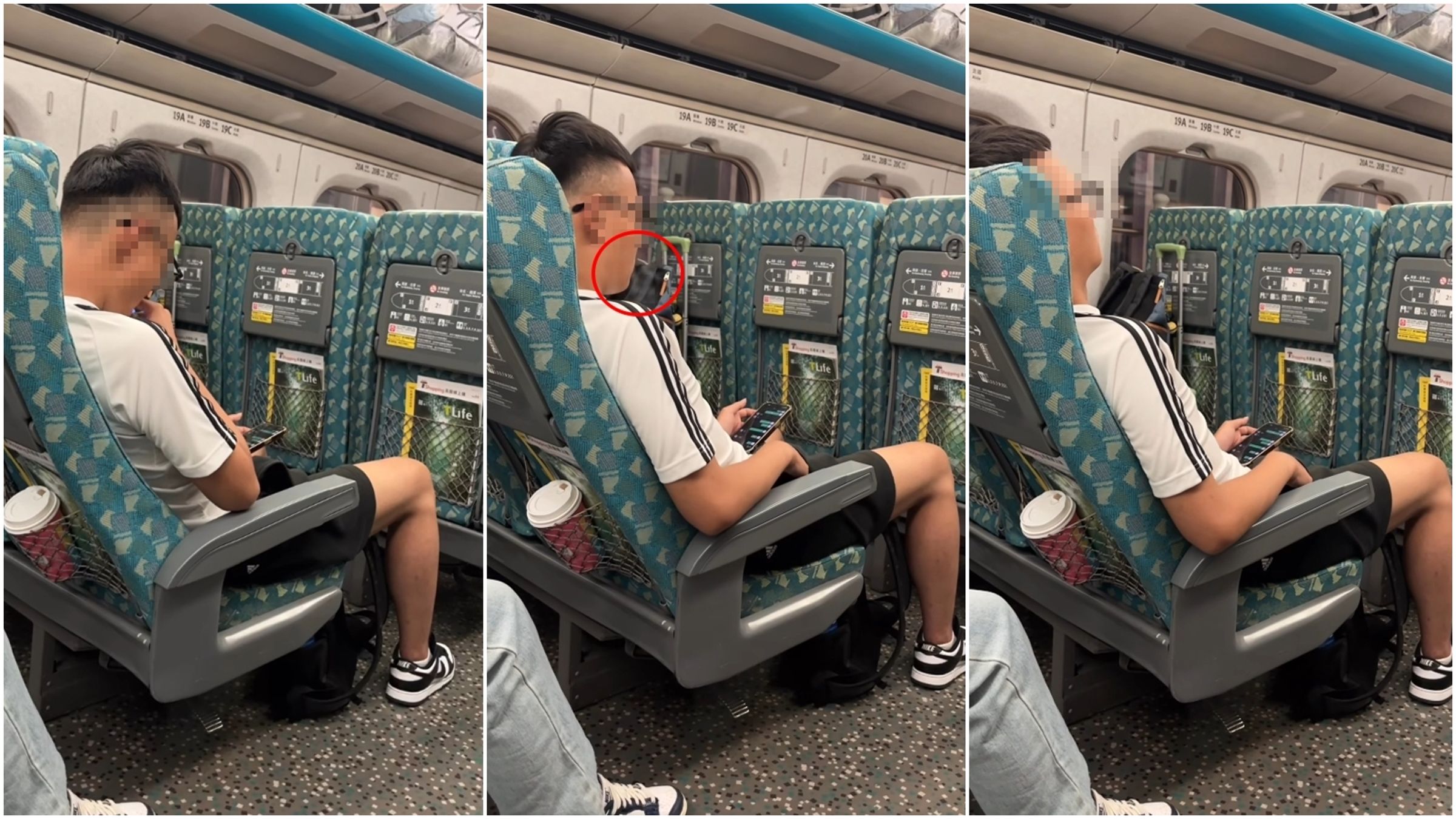 1名眼鏡男公然在高鐵車廂吸電子煙,不過該男子吐煙後出現異常抖動,隨後神情明顯放鬆、身體癱在座位上。(翻攝自臉書@匿名3公社)