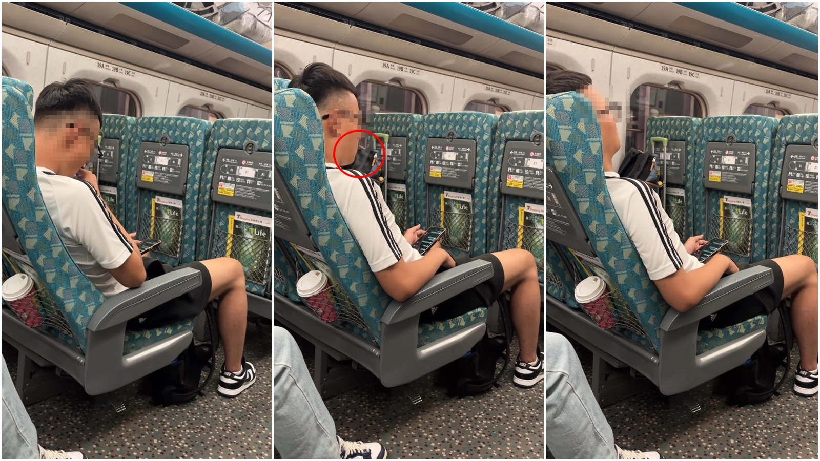 1名眼鏡男公然在高鐵車廂吸電子煙，不過該男子吐煙後出現異常抖動，隨後神情明顯放鬆、身體癱在座位上。（翻攝自臉書@匿名3公社）