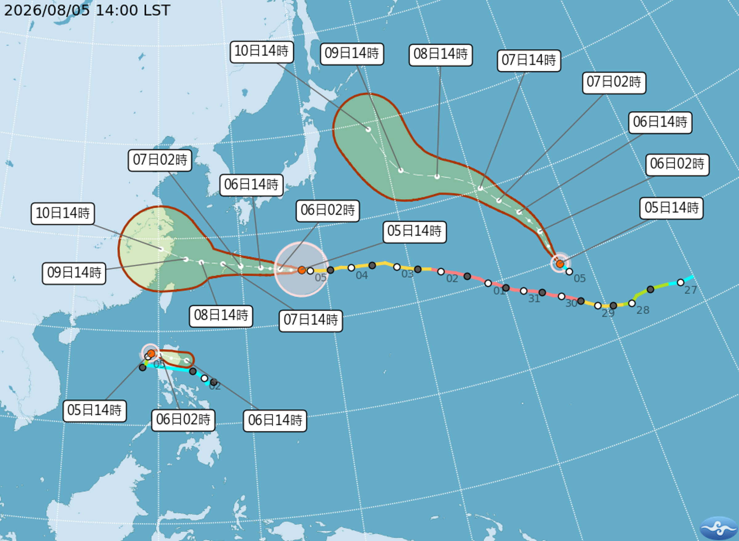 目前太平洋海面共有3個颱風,分別為中颱白海豚、輕颱鯨魚及輕颱昌鴻。(中央氣象署提供)