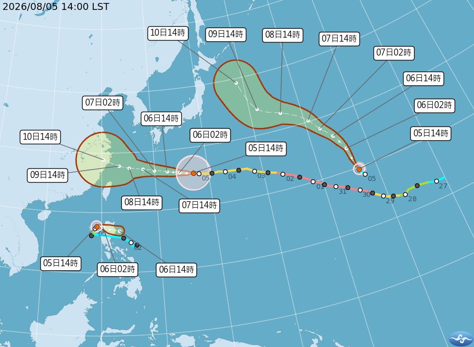 目前太平洋海面共有3個颱風,分別為中颱白海豚、輕颱鯨魚及輕颱昌鴻。(中央氣象署提供)