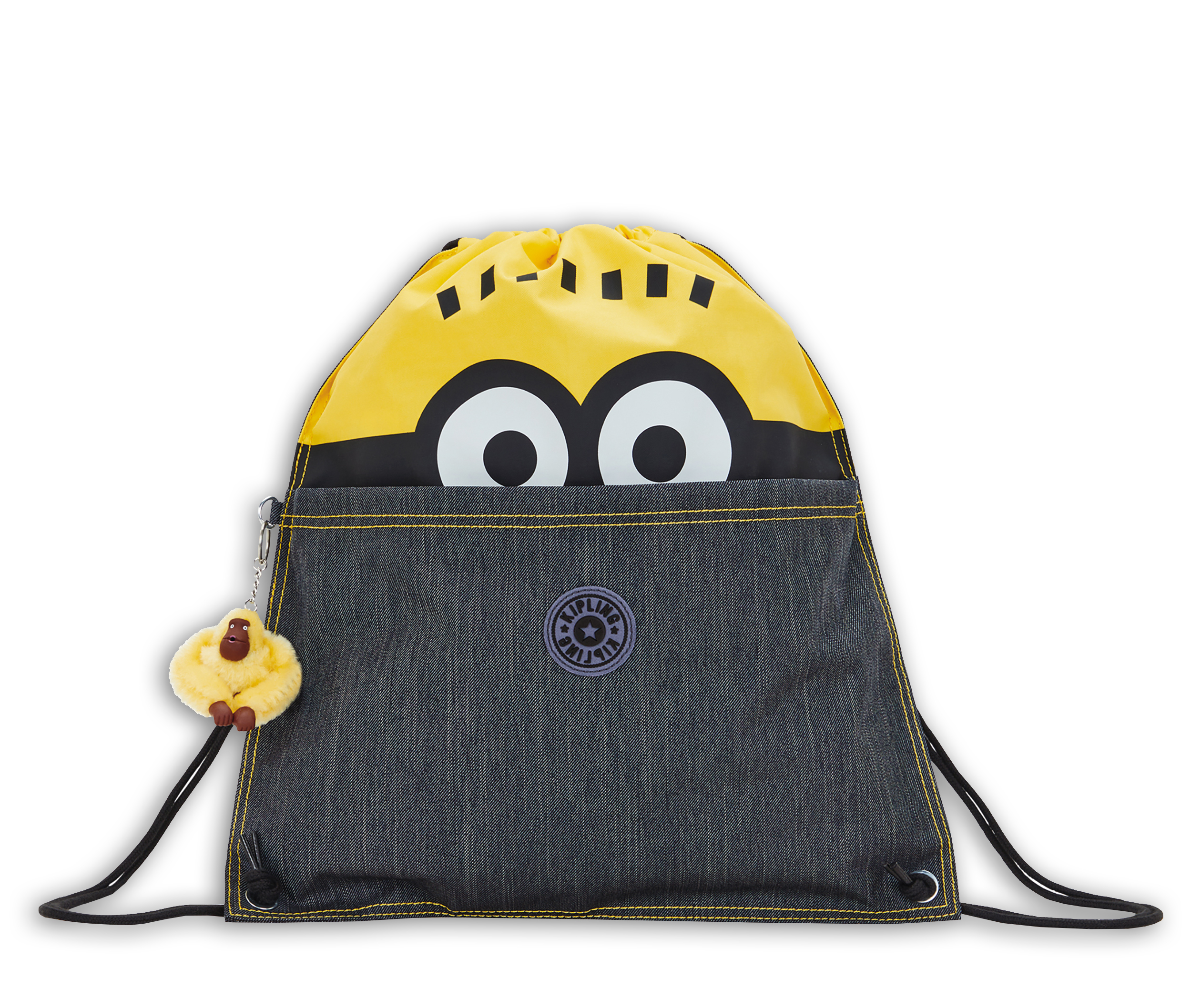 Kipling X Minions聯名系列小小兵牛仔造型拉鍊束口袋後背包。NT$2,880(Kipling提供)