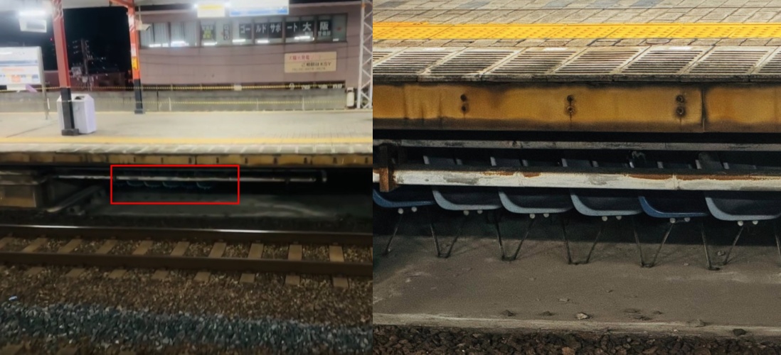 網友拍下火車站月台下方暫避空間內擺放藍色座椅的畫面,引發大量討論,台鐵回應指出,該影片拍攝地點應為日本鐵道月台。(翻攝自threads/tms_tomorrow)