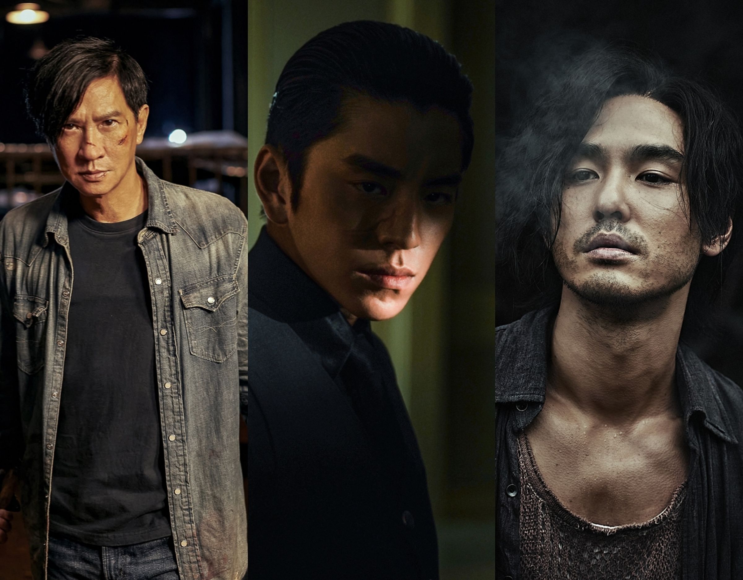 張家輝(左起)、王大陸、阮經天在電影《怒潮》突破形象,各自扮演殺手、黑幫與黑警,掀開販賣器官的重重黑幕。(車庫娛樂提供)