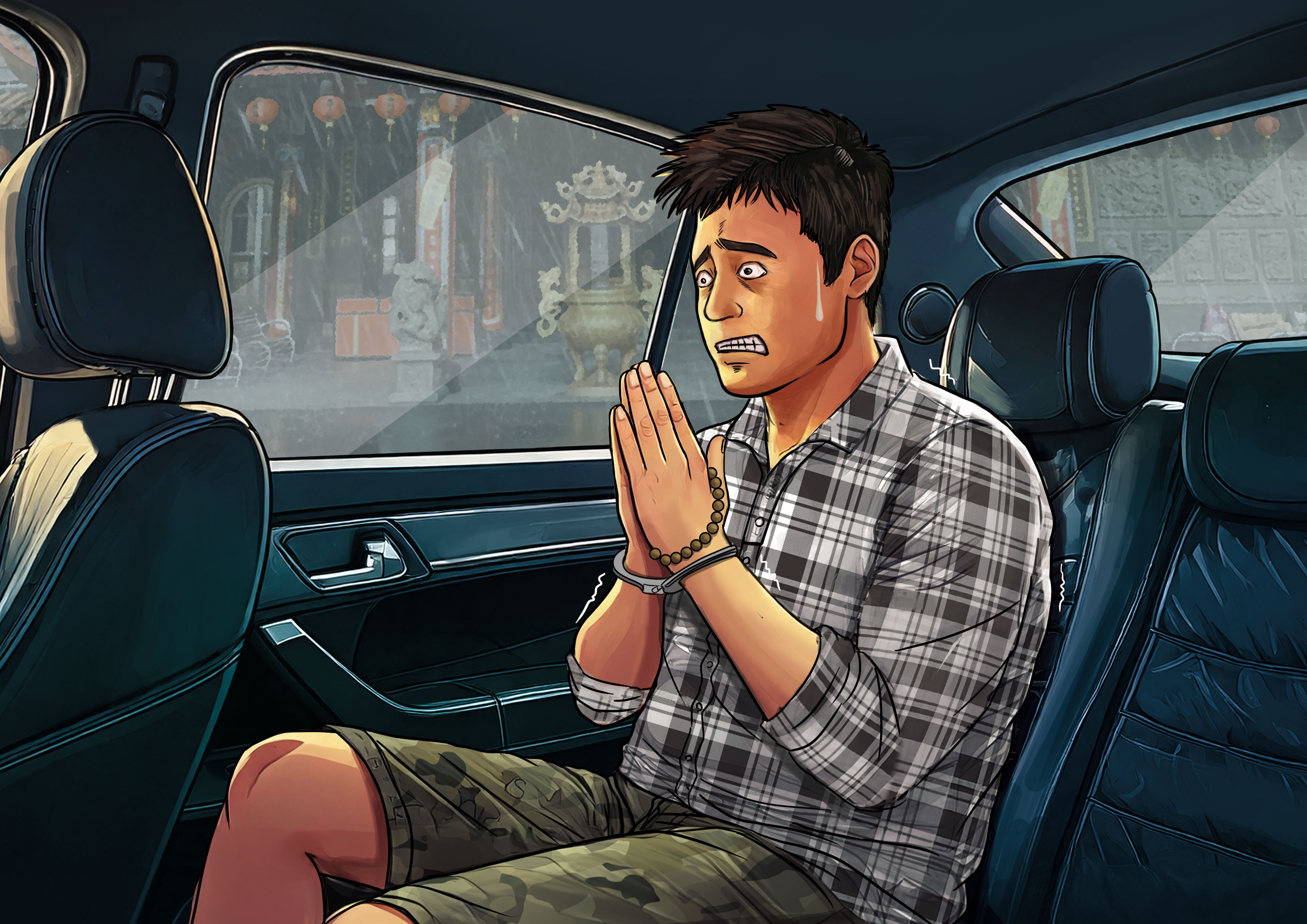 蘇男在關聖帝廟前見風雲變色，嚇得全身發抖、搓揉佛珠、唸佛號，事後自白4年前犯性侵殺人案。（AI繪圖Adobe Firefly生成，本刊美術組後製）