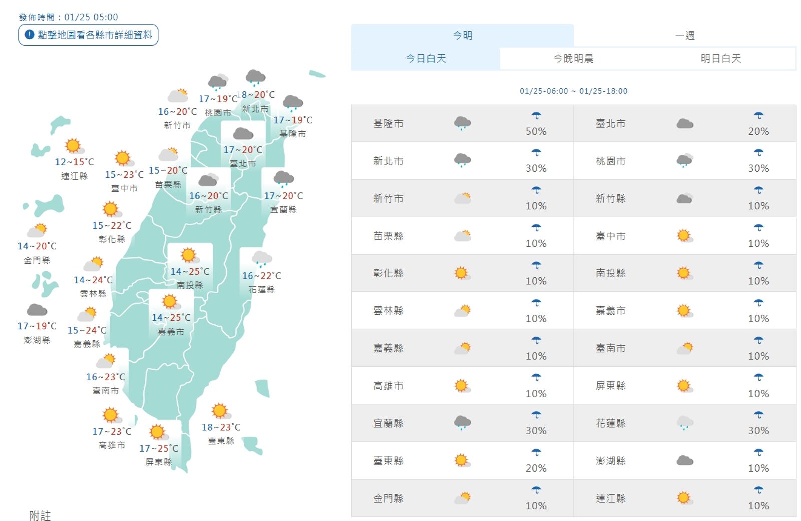 全台各地天氣狀況。(翻攝自中央氣象署)
