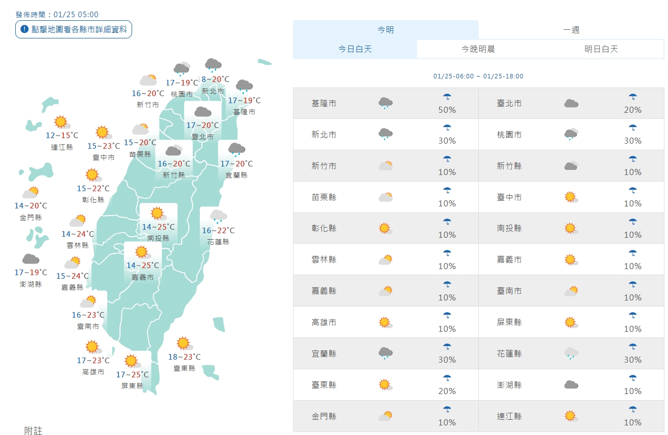 全台各地天氣狀況。(翻攝自中央氣象署)