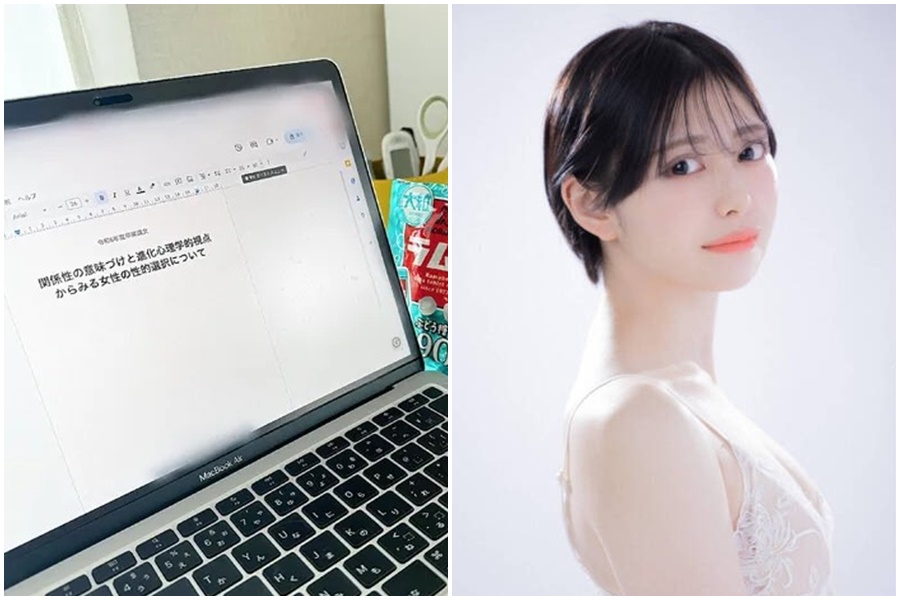 心理系女大生小松本果為了畢業論文的研究主題，隱瞞男友下海拍攝「NTR」系列AV片。（翻攝自小松本果X）