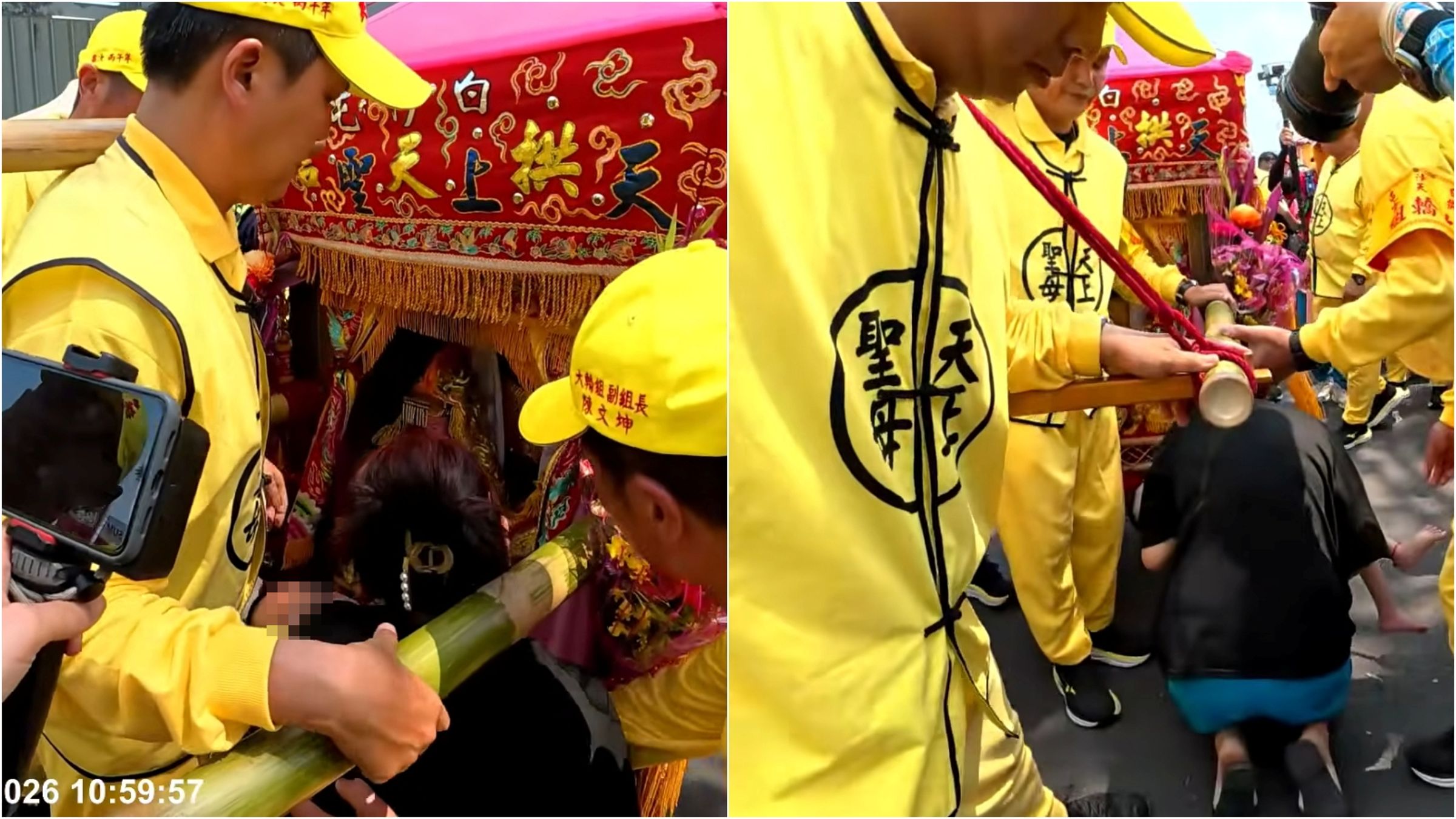 婦人帶重病兒跪求媽祖庇佑，媽祖特別停轎5分鐘，令人相當動容。（翻攝白沙屯媽祖網路電視台YT）