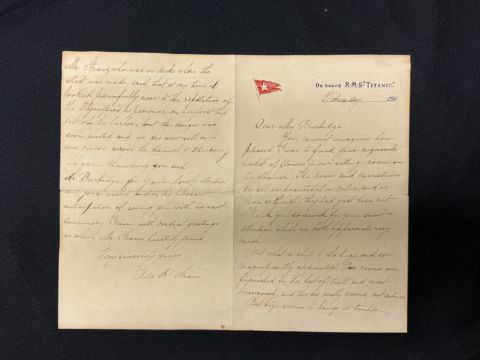 艾達在1912年4月10日的手寫信，以鐵達尼號專用信紙寫成，以10萬元拍出。（翻攝自Henry Aldridge & Son Ltd）