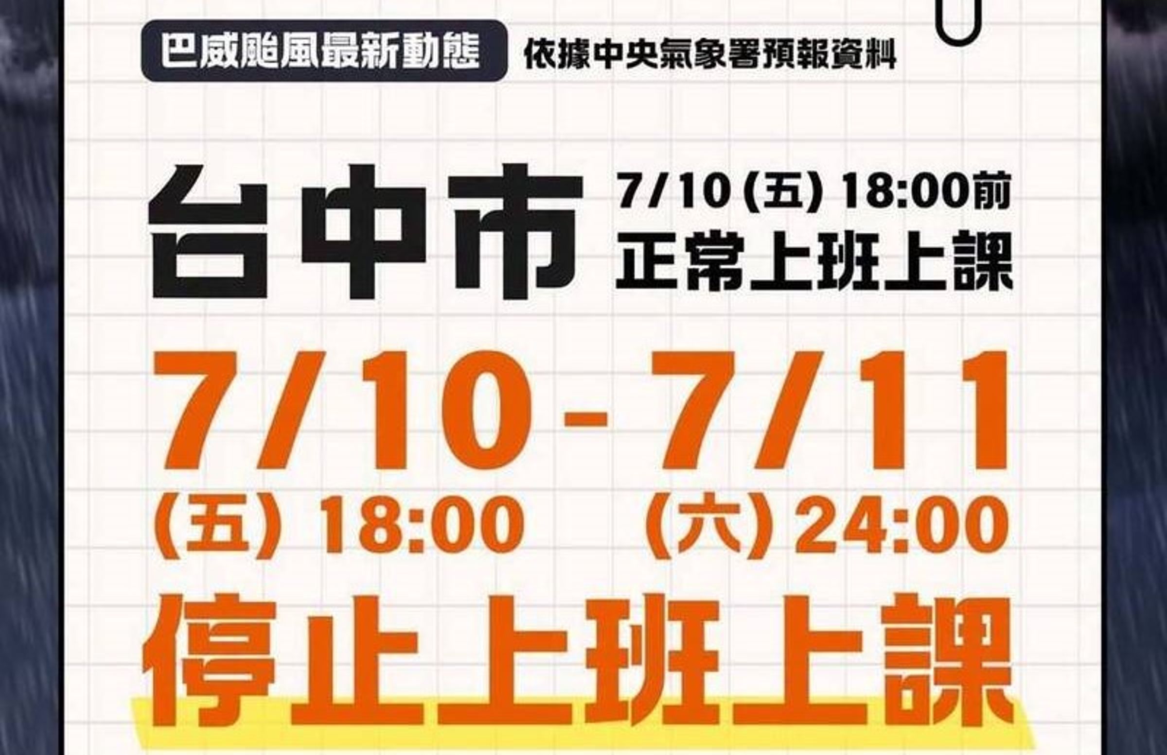台中市政府宣布今日晚間6點起停班停課,並預告11日週六全天放假。然而10日僅放夜間6小時的決策引發大批市民湧入市長盧秀燕臉書表達不滿,台中市政府隨後於深夜兩度發布氣象數據澄清。(台中市府提供)