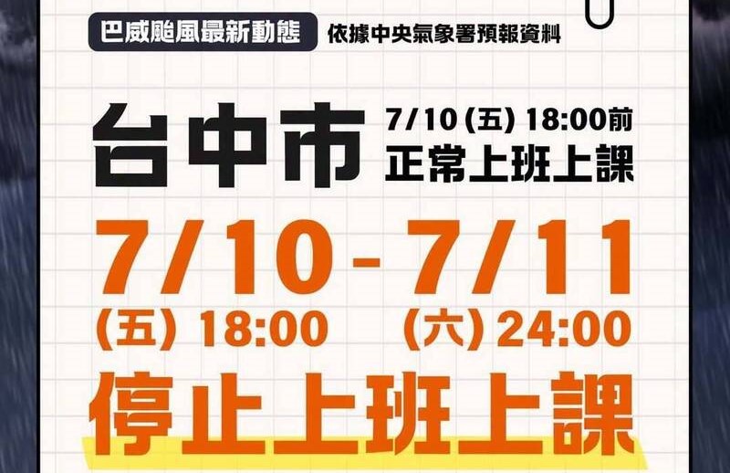 台中市政府宣布今日晚間6點起停班停課,並預告11日週六全天放假。然而10日僅放夜間6小時的決策引發大批市民湧入市長盧秀燕臉書表達不滿,台中市政府隨後於深夜兩度發布氣象數據澄清。(台中市府提供)