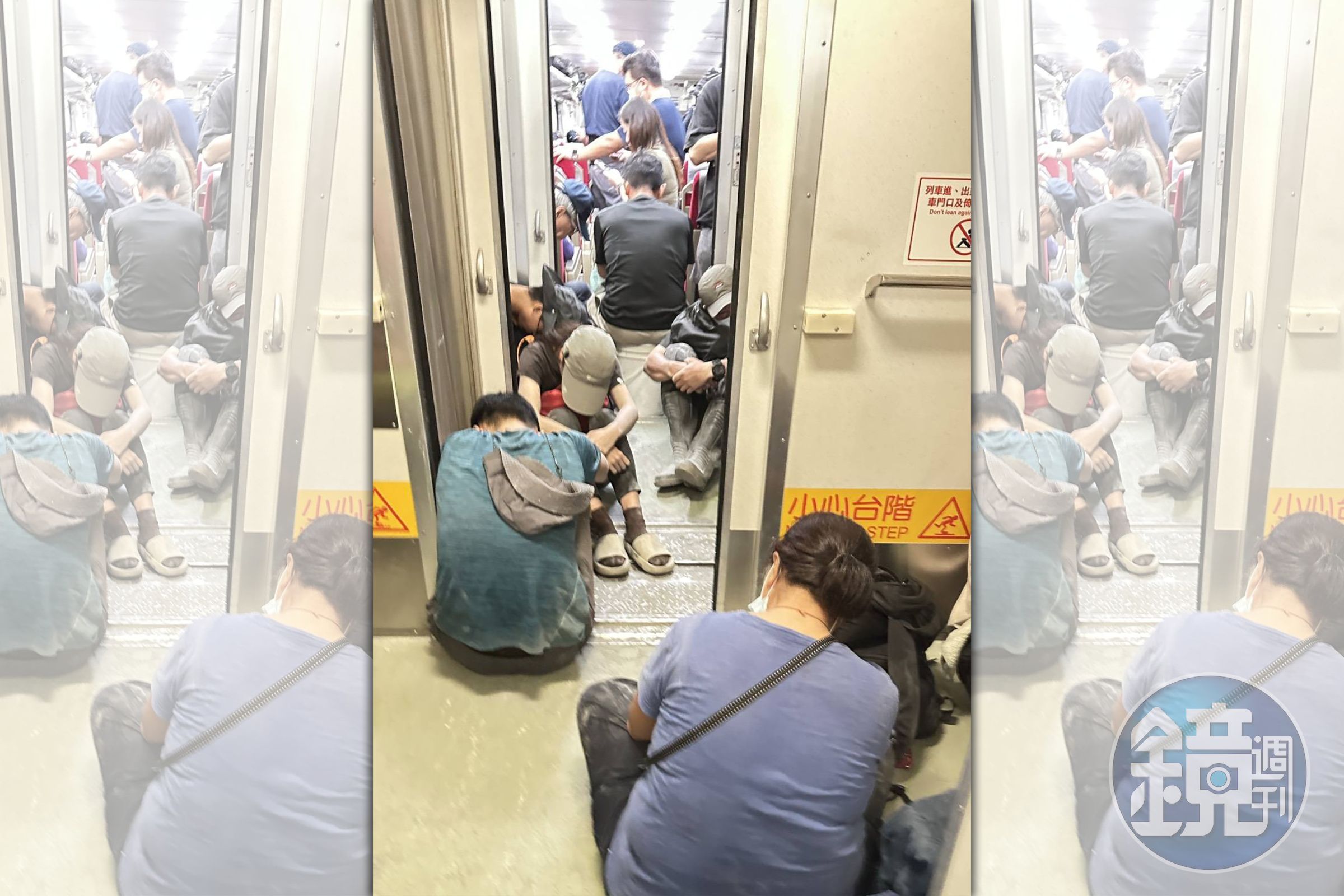 不少超人們在支援花蓮光復災區後，滿身疲憊與淤泥搭乘台鐵北上返家。（讀者提供）