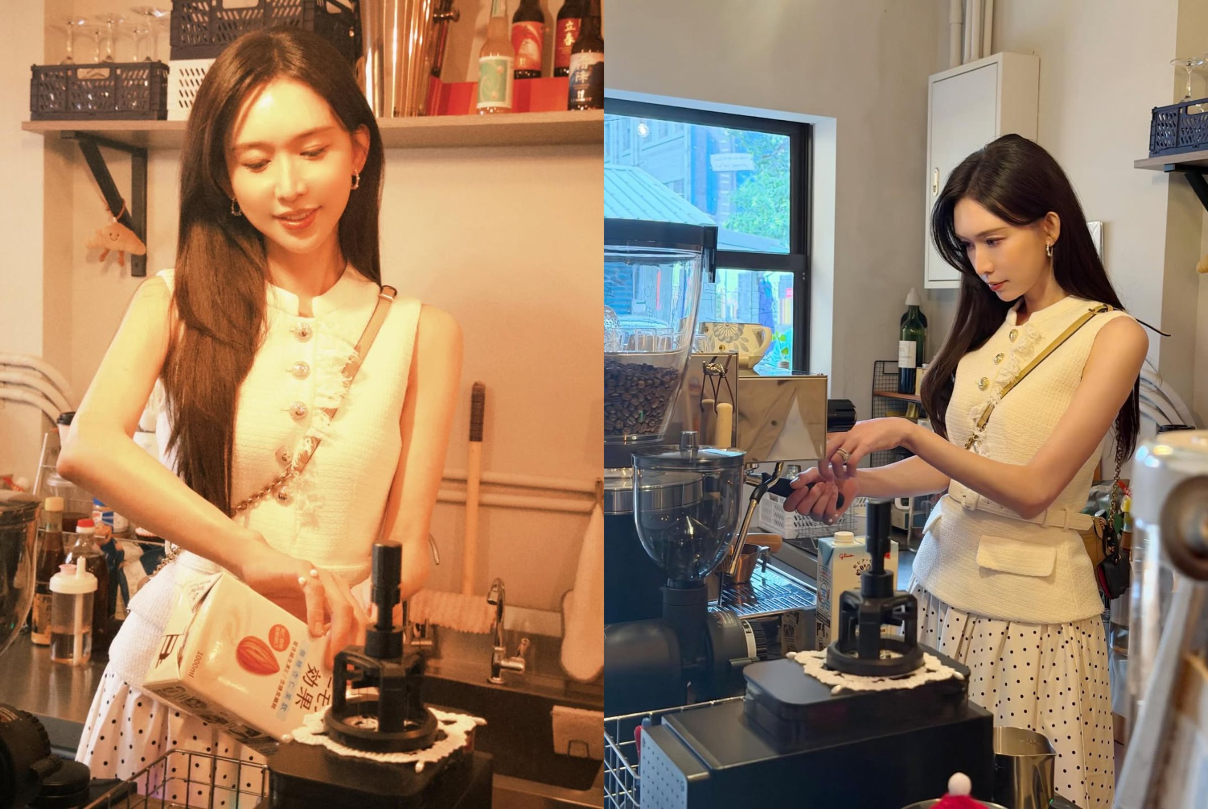 林志玲在咖啡店裡製作手沖咖啡,像是專業咖啡師。(翻攝林志玲IG)