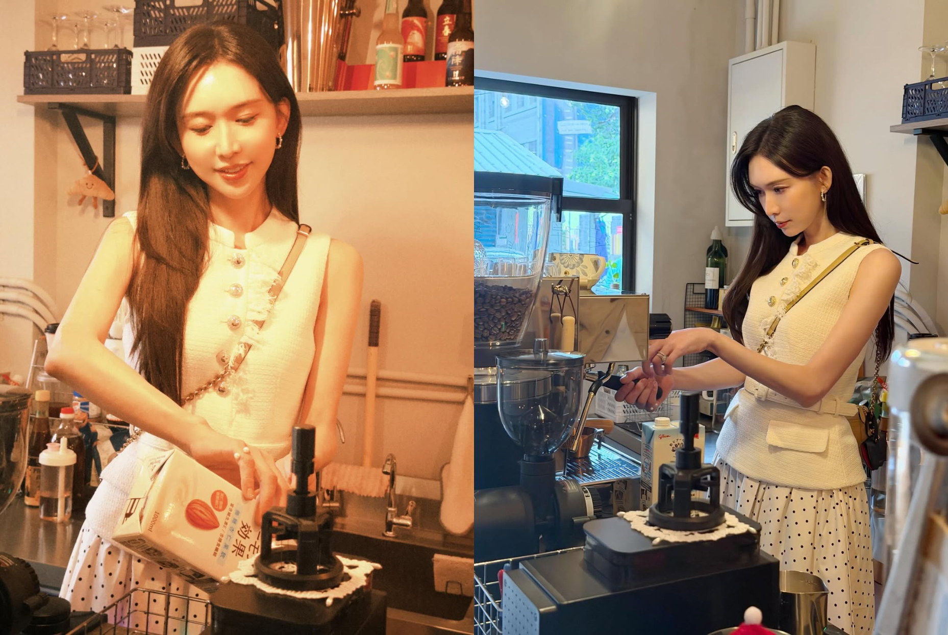 林志玲在咖啡店裡製作手沖咖啡，像是專業咖啡師。（翻攝林志玲IG）