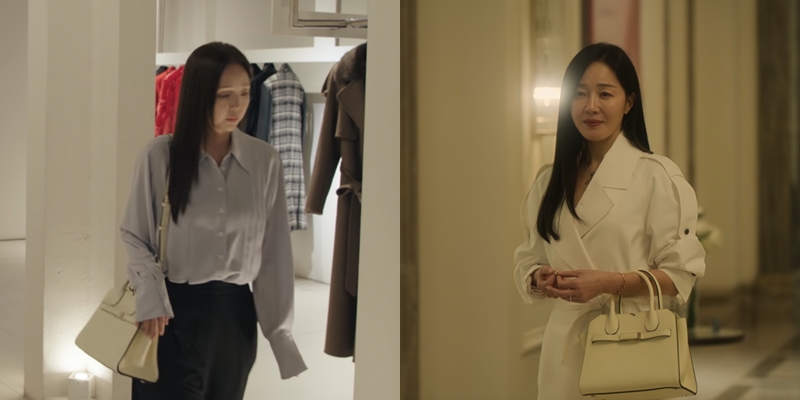 《現在撥打的電話》中的蔡秀彬〈左起〉、《一箱情緣》裡的嚴志媛，都以白色的Milano包款作為服裝搭配。〈NETFLIX提供〉
