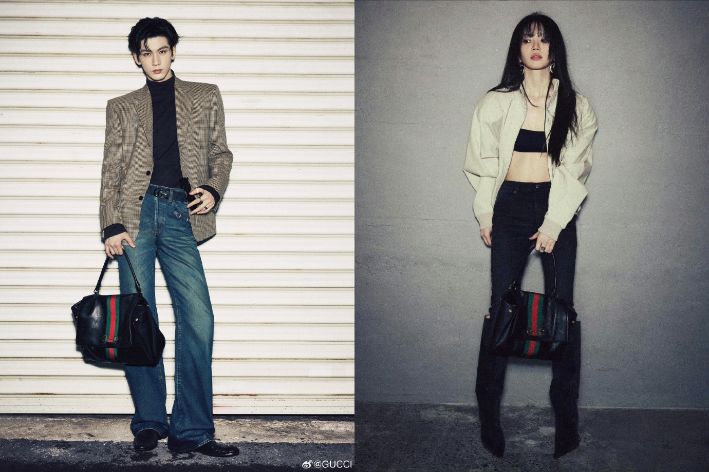 張凌赫190公分的身高與名校畢業的學霸氣質，令他成為時尚寵兒；田曦薇難得收起甜妹模樣，酷颯形象更吸睛。（Gucci官博）
