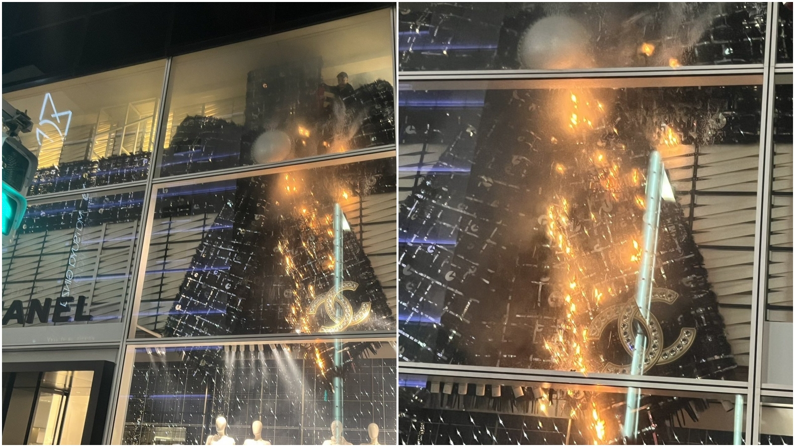 銀座「香奈兒」店面裝飾用的巨型蝴蝶結起火。（翻攝自X）