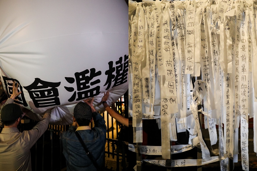 昨天立法院場外依舊聚集民眾抗議,現場更是掛起白布條與推起大球。