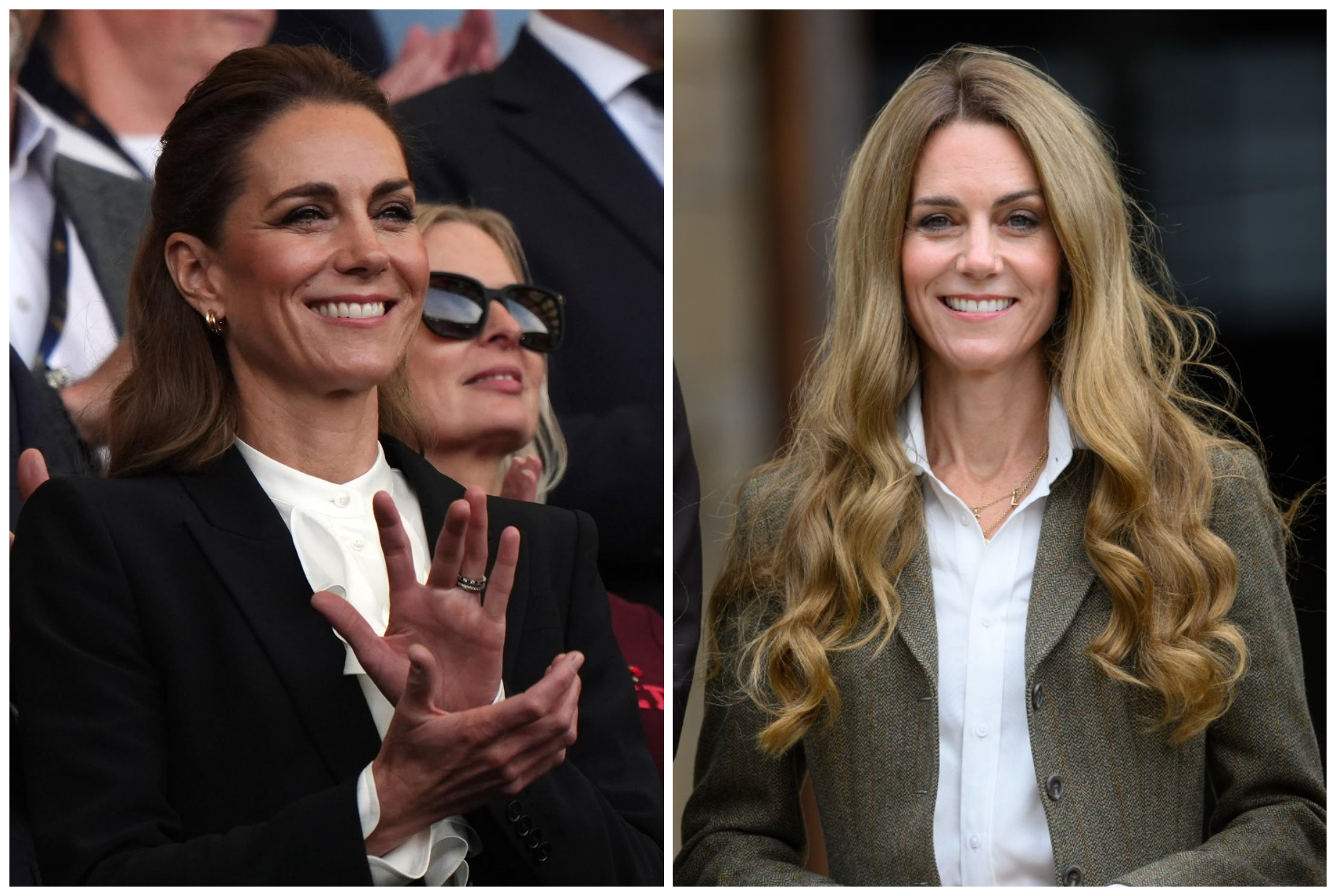 凱特王妃4日以金髮造型亮相（右圖），上週六看球時，悄悄改回棕髮（左圖）。（翻攝princeandprincessofwales IG）