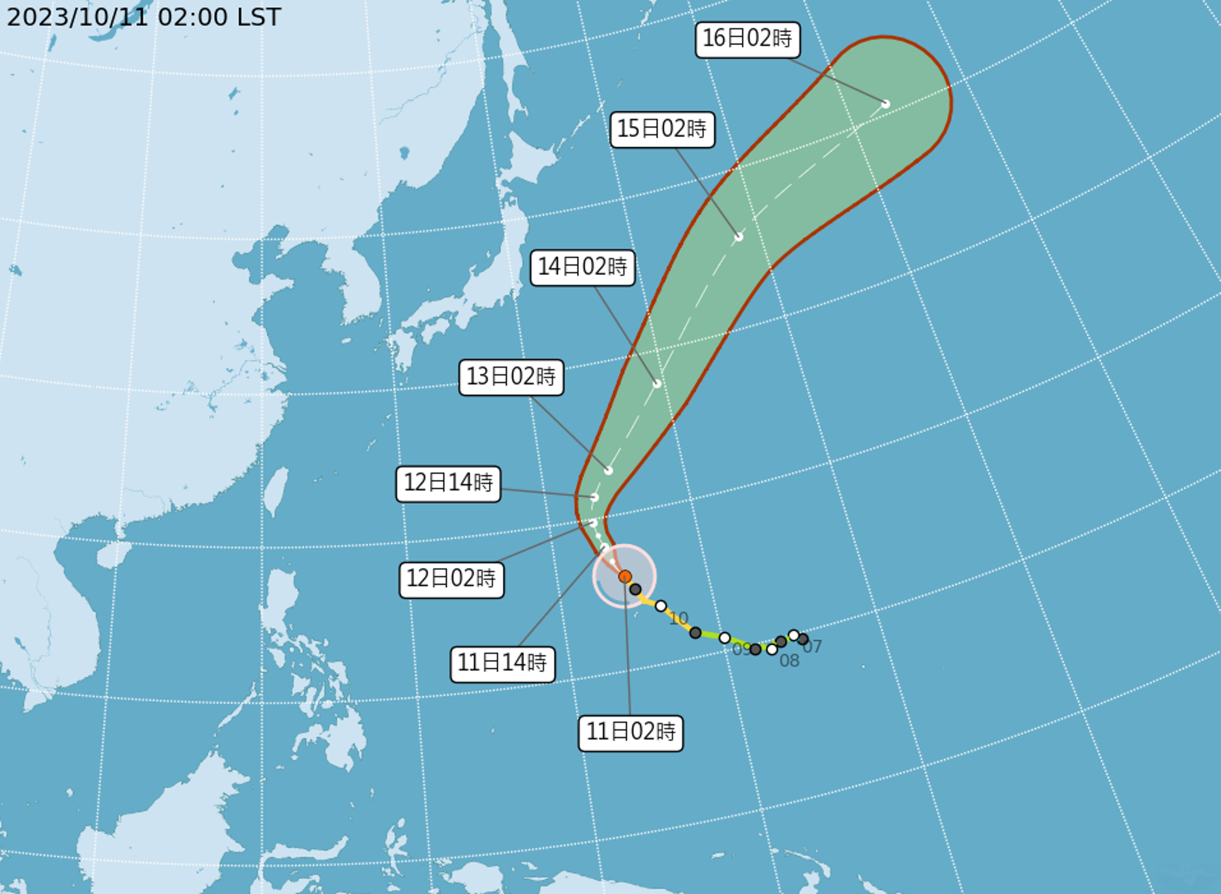 布拉萬颱風朝日本東南方海面移動,對台灣沒影響。(中央氣象署提供)