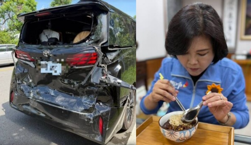 雲林縣長張麗善今早跑行程途中發生驚險交通意外,其所搭乘的公務座車在台3線停等紅燈時,遭後方預拌混凝土車猛烈追撞,導致車尾嚴重毀損。(翻攝畫面)