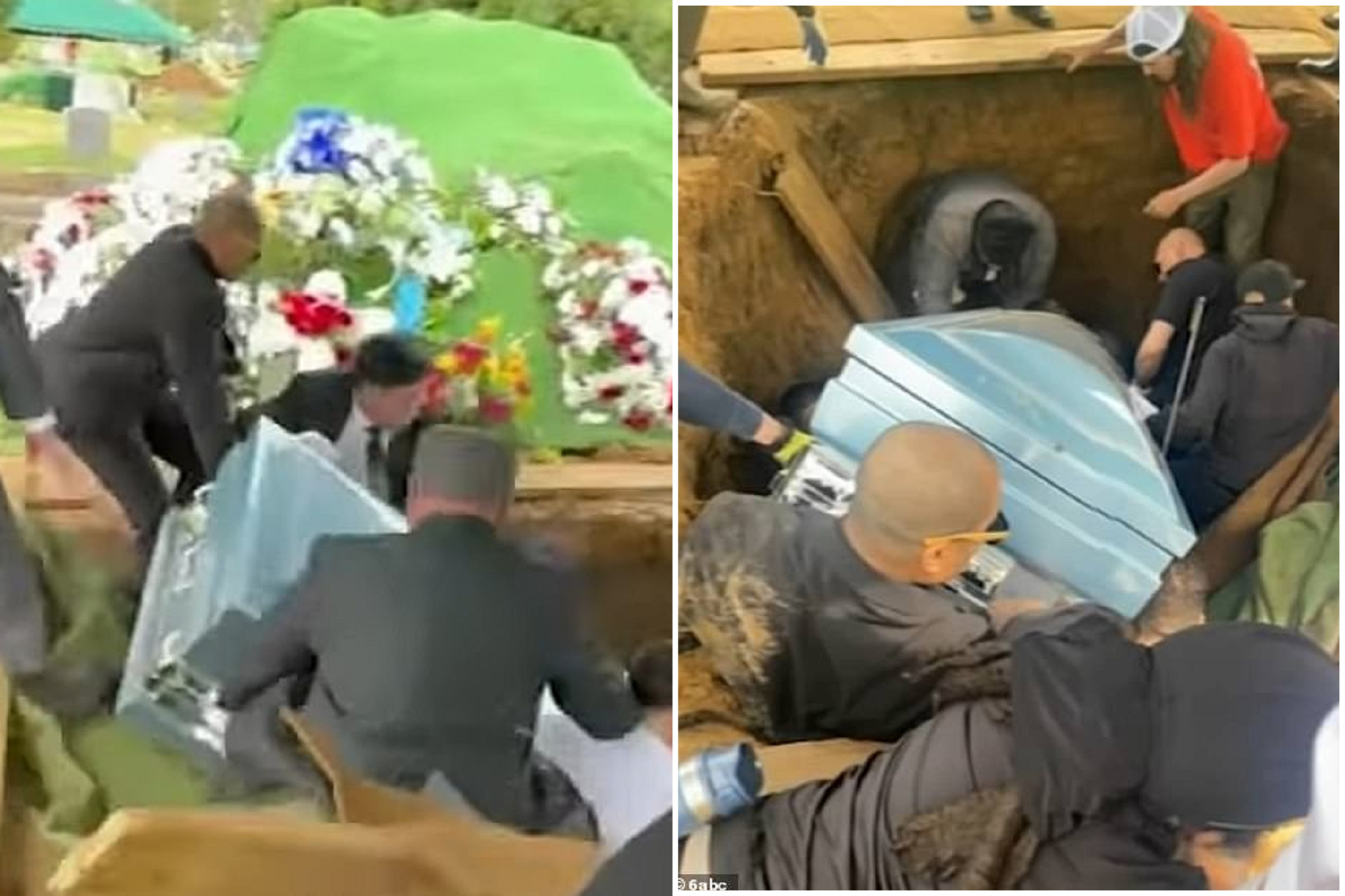 眾人抬棺下葬變「陪葬」！墓地瞬間塌陷超靈異，亡者兒子被壓棺底重傷。（翻自《abc新聞網》）