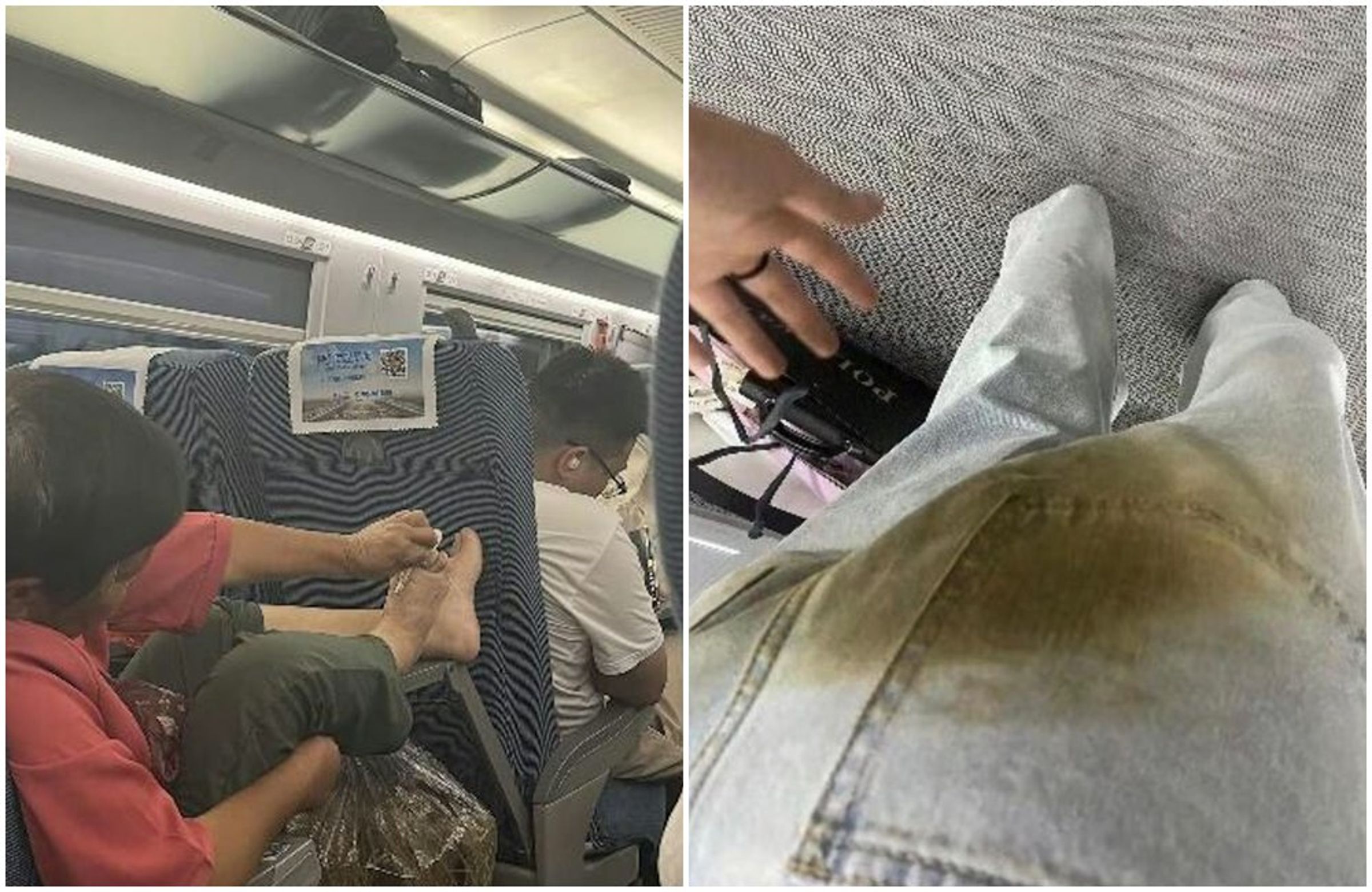 許多網友曬出中國高鐵上的「不文明行為」,以及搭高鐵後褲子沾滿汙漬的慘況。(翻攝小紅書)
