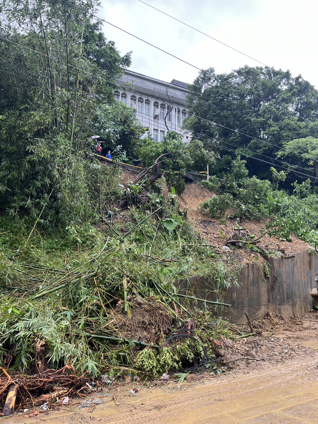 瑞芳高工附近邊坡坍方造成瑞芳街雙向通行受阻。（新北市工務局提供）