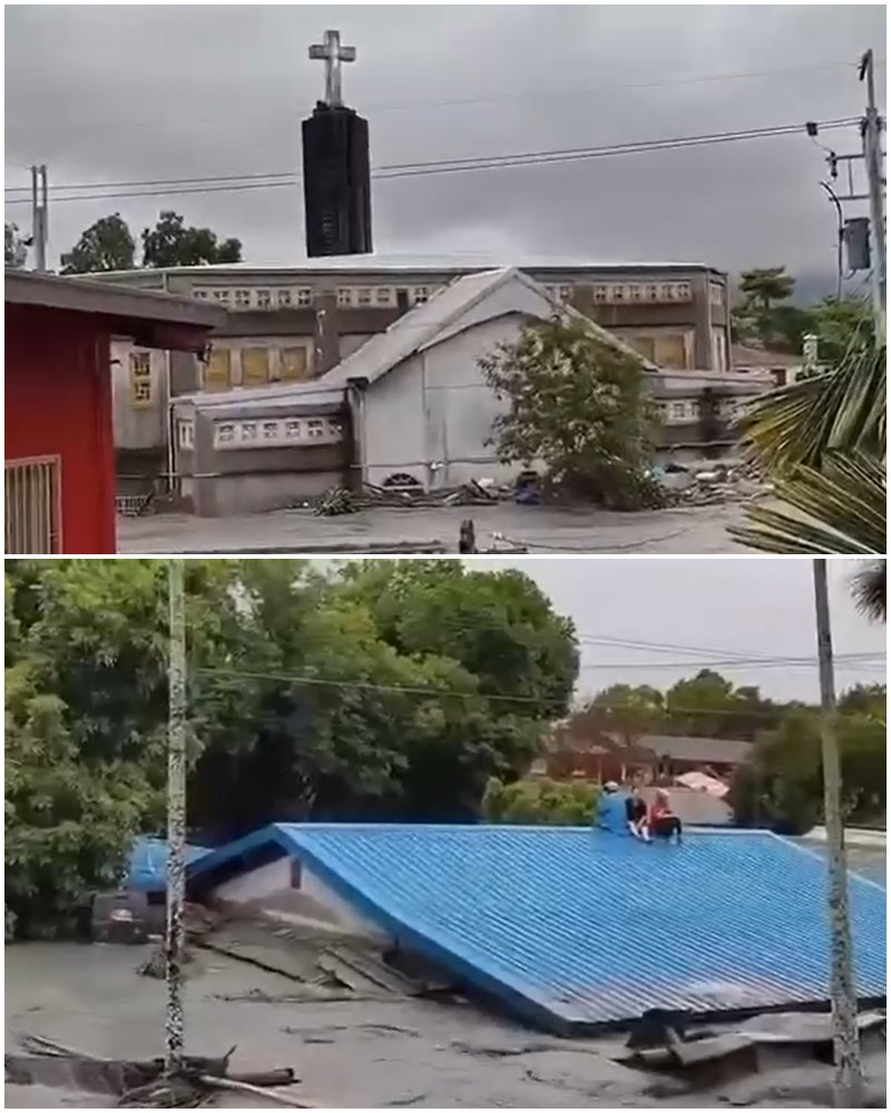 堰塞湖潰決,馬太鞍天主堂周邊被淹沒。(翻攝影片畫面)
