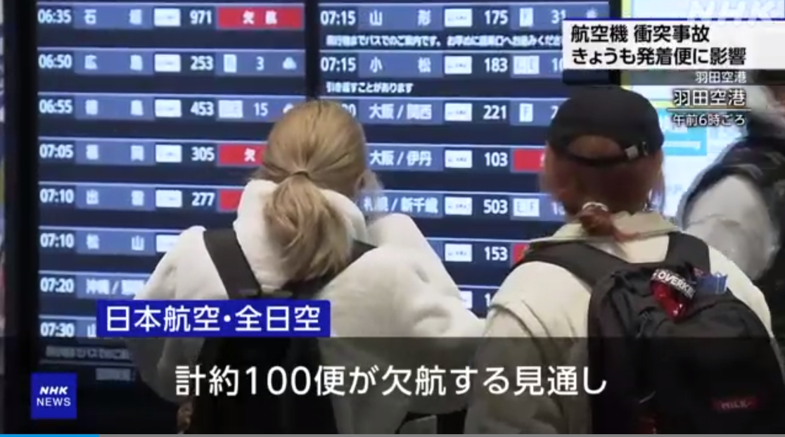 《NHK》報導，日航降落意外後，日航、全日空有100多架航班取消，提醒旅客搭機前注意航班異動。（翻攝自NHK）