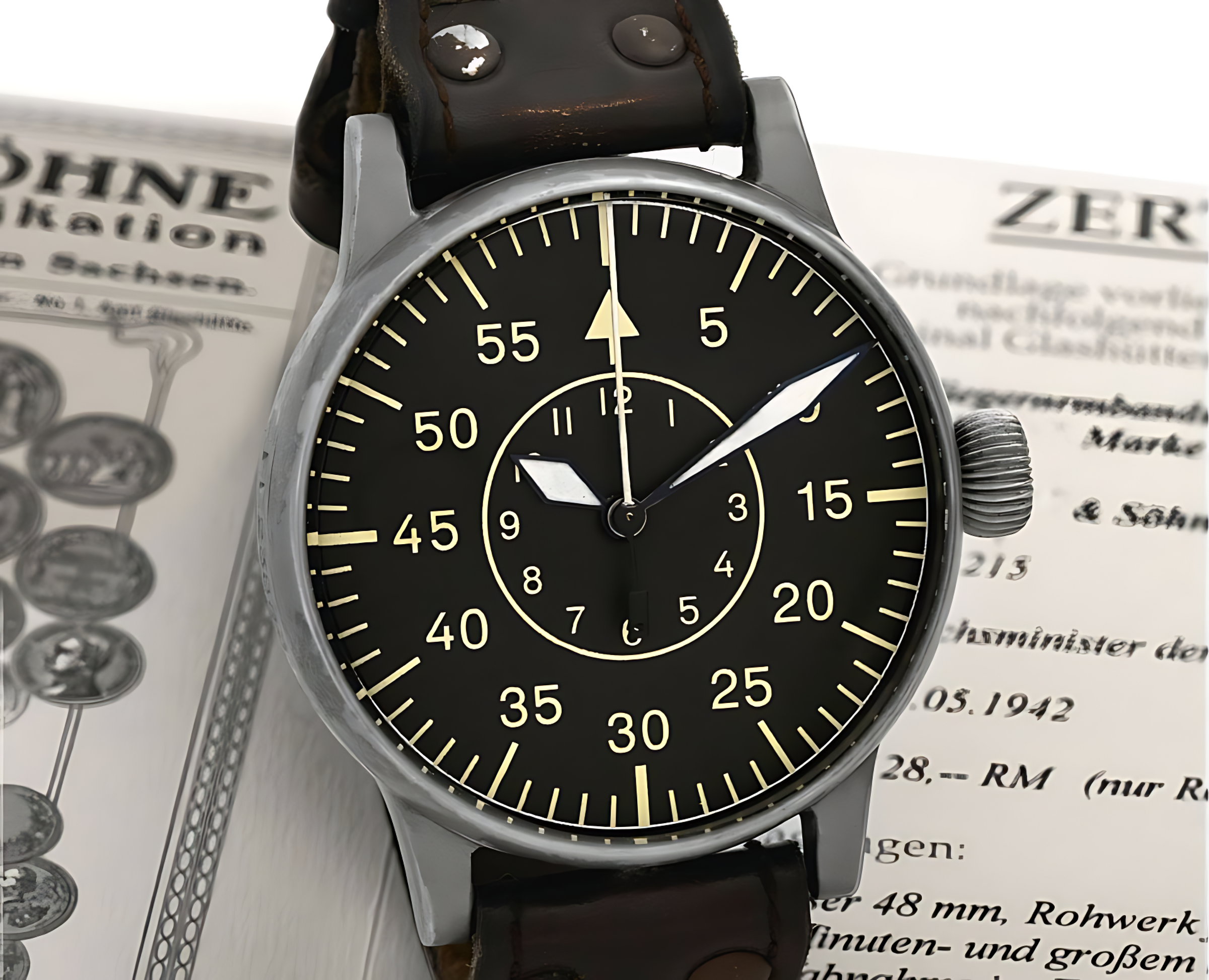 B‑UHR 錶徑達 55mm，具夜光視讀與分鐘刻度配置，便於德軍飛行員在任務中執行計時、導航與轟炸協同作業。