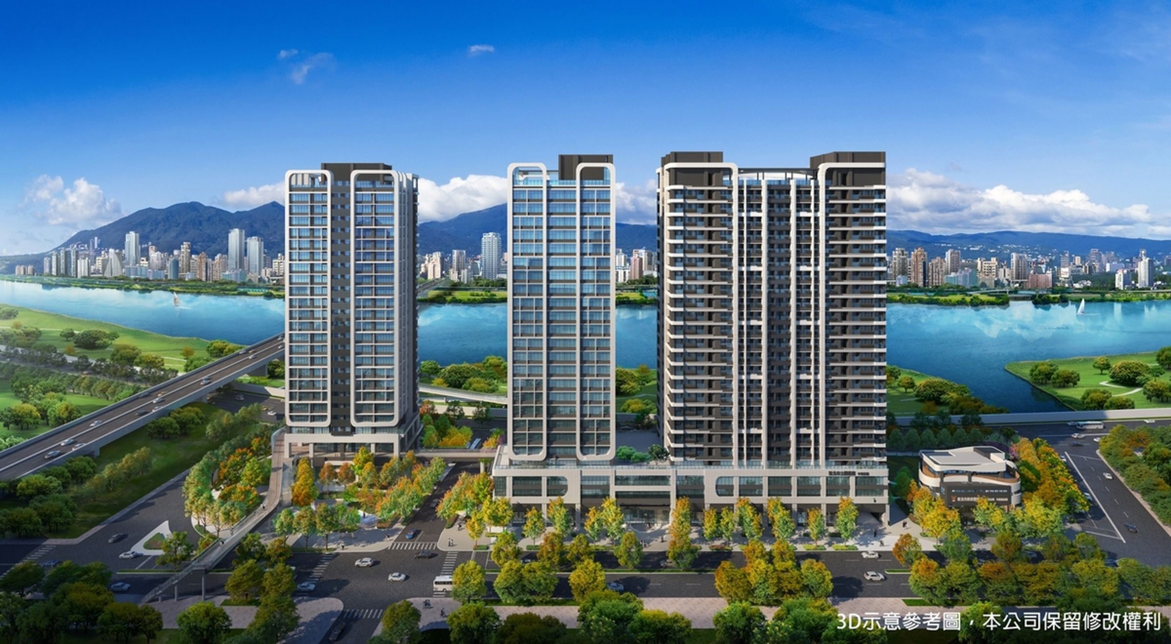 左岸明珠未來將座落在中和水岸旁，此為建築外觀3D示意圖。業者提供