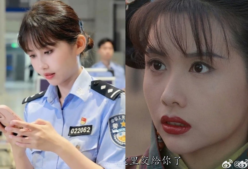 上海一名女公安值勤時,因神似邱淑貞引發外界關注。(翻攝微博)