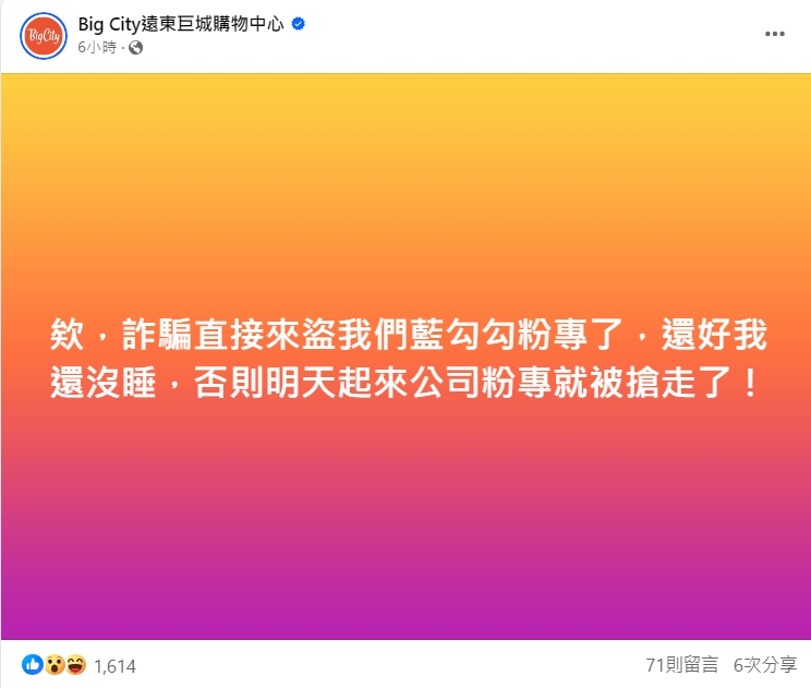 「Big City遠東巨城購物中心」藍勾勾帳號都差點被盜。（翻攝自Big City遠東巨城購物中心臉書）