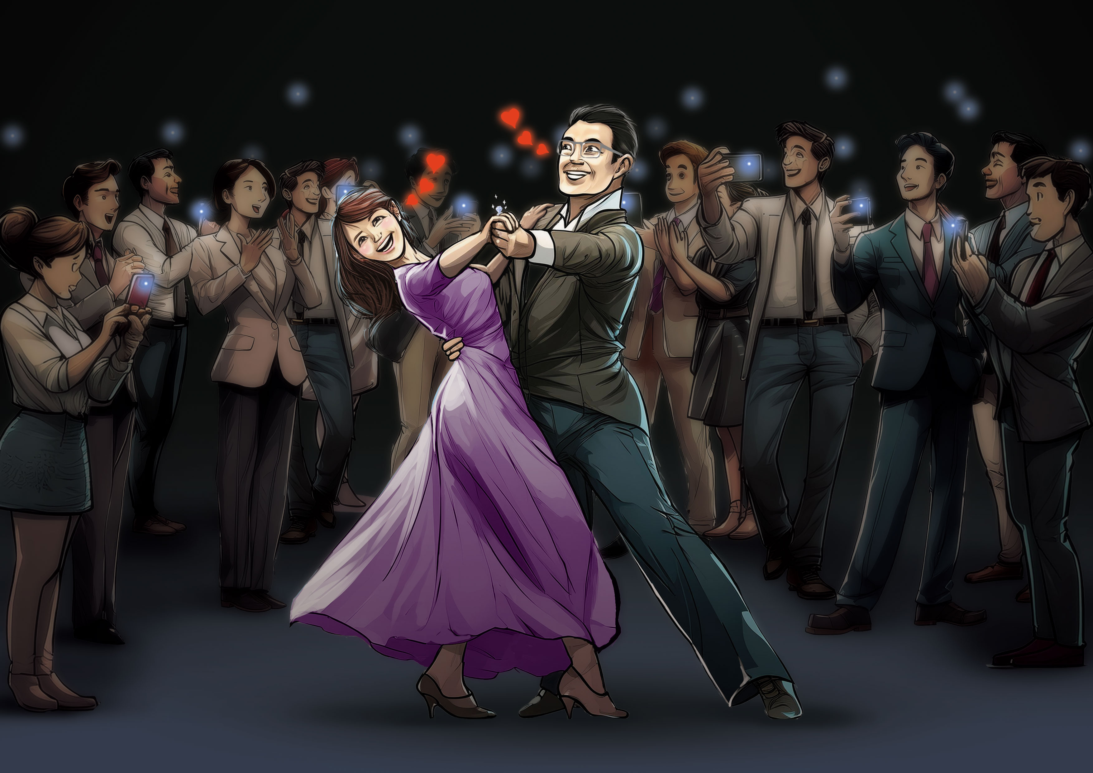 小三明知曾達夢已婚，2人仍在公開活動秀恩愛、共舞、接吻。（AI繪圖Adobe Firefly生成，本刊美術組後製）