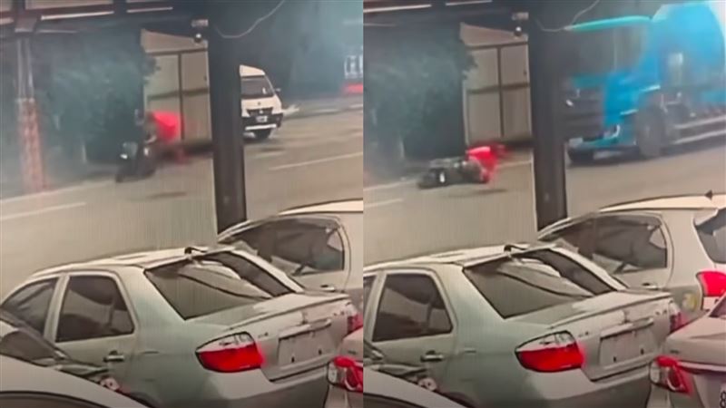 外送員遭後方水泥預拌車輾斃另一個視角曝光。（翻攝自臉書）