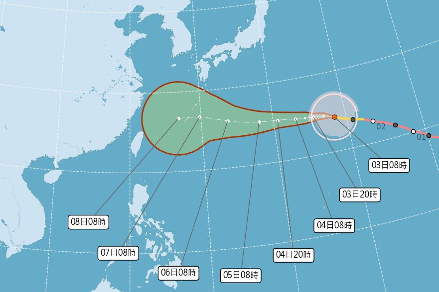 氣象署指出,若颱風移動路徑偏西或降雨暴風半徑未顯著縮小,最快將於週五(7日)下半天發布海上颱風警報。(氣象署提供)