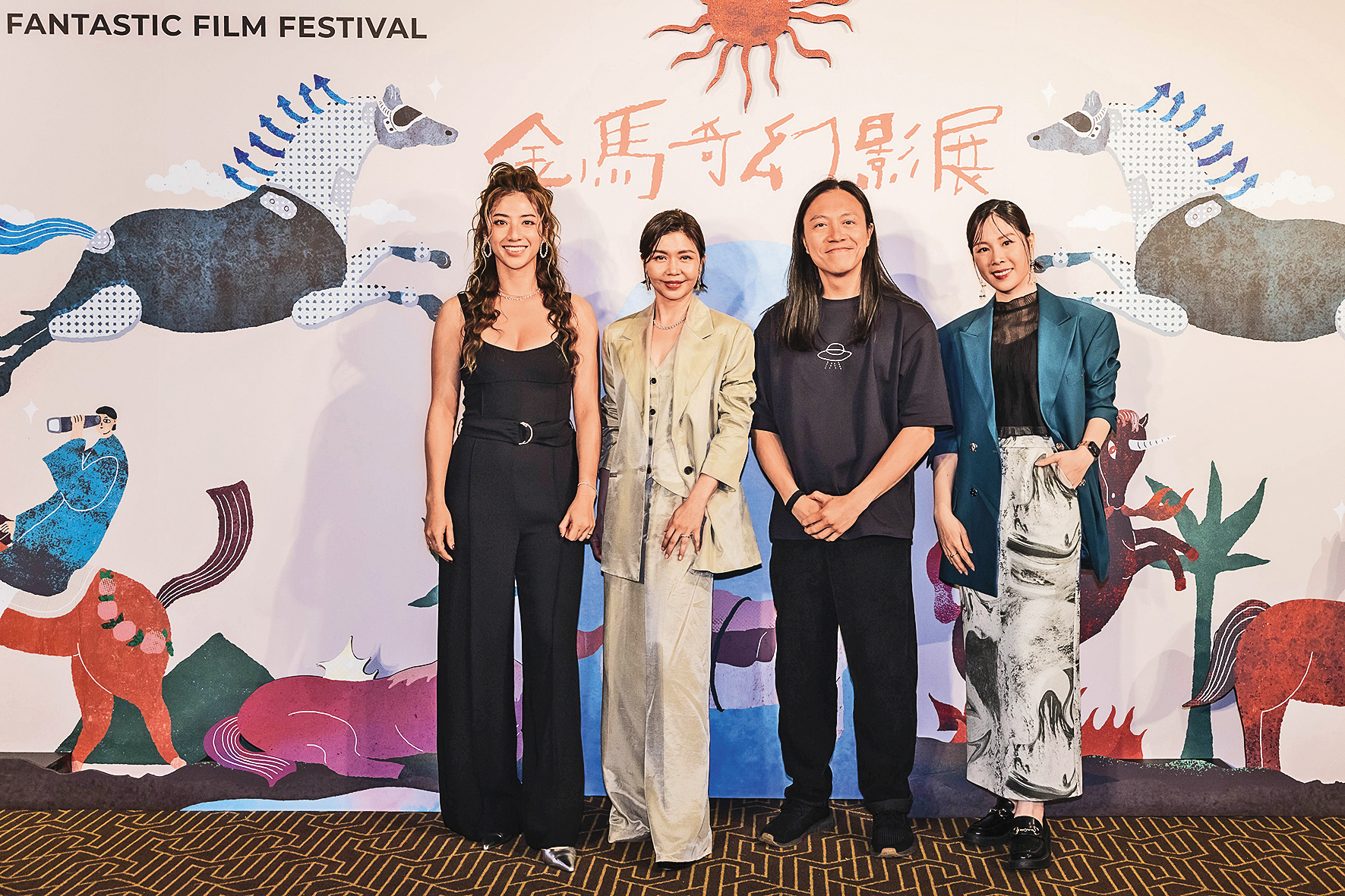 演員瑞瑪席丹（左起）、于子育與導演呂吉元、演員蔡亘晏出席金馬奇幻影展特映。	（CATCHPLAY提供）