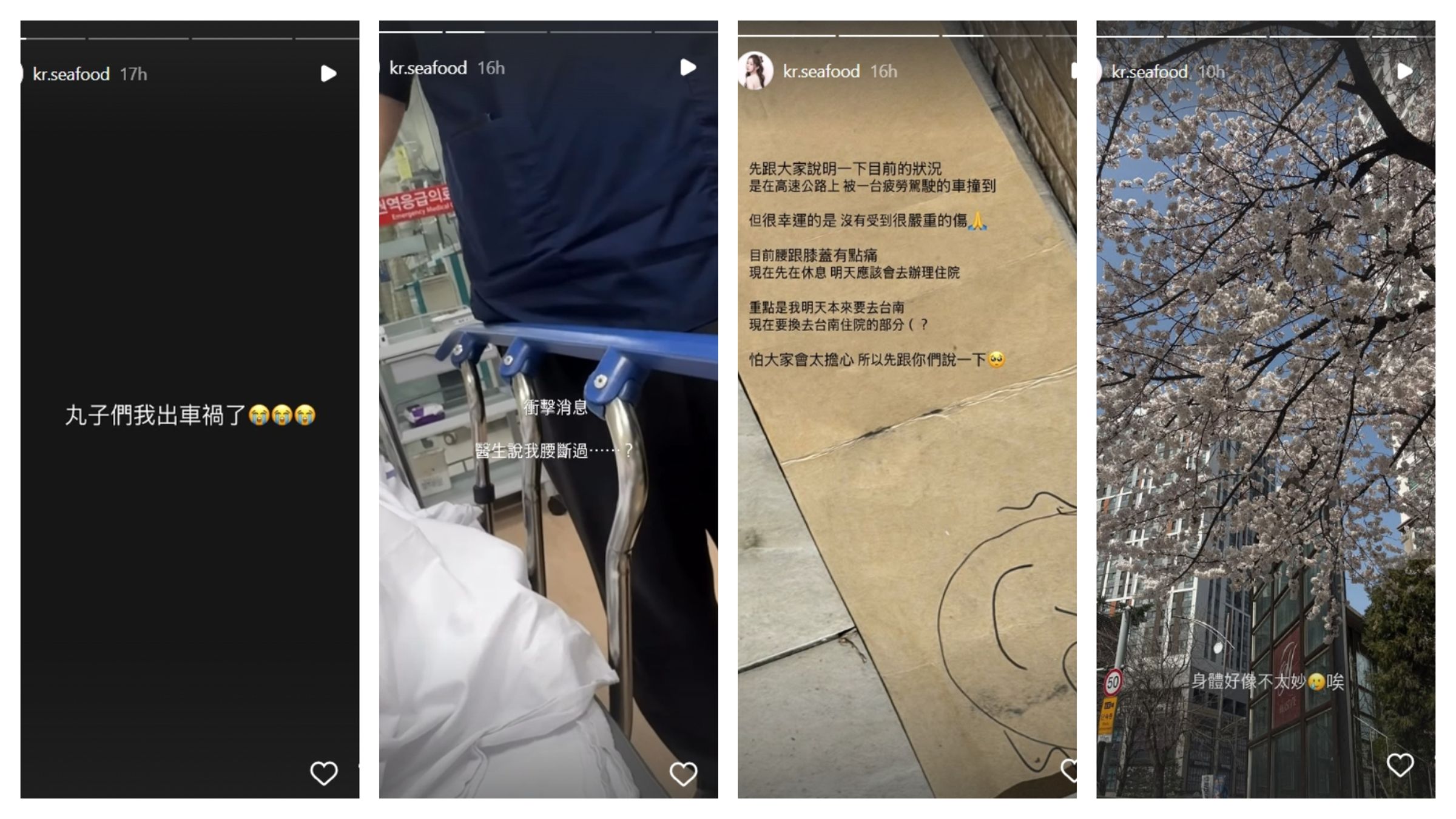 章魚在限時動態透露遭遇車禍。(翻攝自Instagram@kr.seafood)