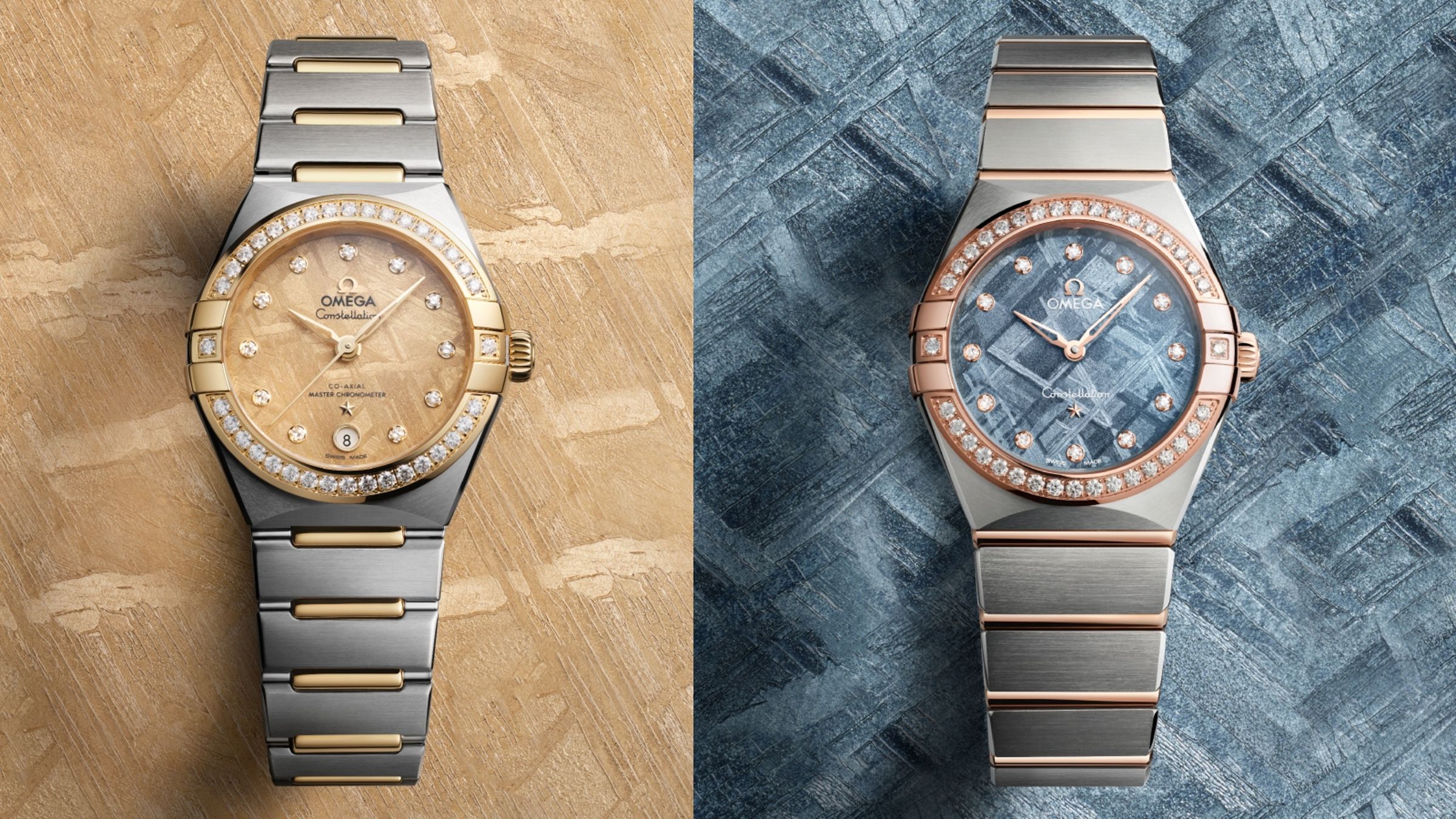 OMEGA Constellation Meteorite（左）錶徑29mm／不鏽鋼及黃金材質／時、分、秒、日期指示／8700同軸擒縱大師天文台認證自動上鍊機芯／定價NT$532,000｜（右）錶徑28mm／不鏽鋼與SEDNA™金材質／時、分、秒指示／石英機芯／定價NT$389,000