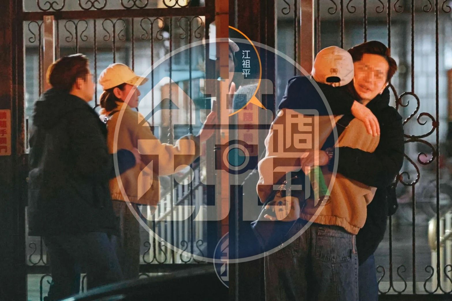 2/23 01：03搭車到大門口後，江祖平與底迪新歡還在門外就急著緊貼抱抱，難分難捨。